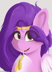 Size: 2480x3420 | Tagged: safe, artist:drawalaverr, imported from derpibooru, pipp petals, pegasus, pony, braces, bust, crown, eye clipping through hair, fanart, female, filly, foal, freckles, g5, jewelry, looking at you, mare, offscreen character, portrait, quadrupedal, regalia, simple background, smiling, solo