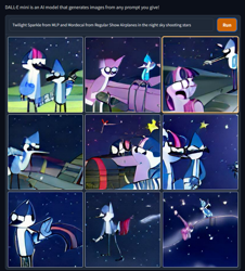 Size: 799x884 | Tagged: safe, imported from derpibooru, twilight sparkle, crossover, crossover shipping, female, generator:craiyon, male, mordecai, mordetwi, night, regular show, shipping, stars, straight