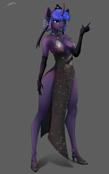 Size: 2200x3500 | Tagged: safe, artist:skitsroom, imported from derpibooru, princess luna, anthro, plantigrade anthro, absolute cleavage, alternate hairstyle, black dress, bottomless, breasts, busty princess luna, cleavage, clothes, crown, dress, ear piercing, earring, evening gloves, eyebrows, eyebrows visible through hair, female, gloves, gray background, high heels, jewelry, long gloves, no panties, piercing, regalia, shoes, side slit, signature, simple background, solo, total sideslit
