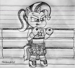 Size: 1280x1164 | Tagged: safe, artist:ct1443ae, imported from derpibooru, trixie, semi-anthro, unicorn, angry, boxing, boxing boots, boxing gloves, boxing ring, boxing shoes, boxing shorts, boxing skirt, clothes, lined paper, pencil drawing, shoes, shorts, skirt, socks, solo, sports, sports boots, sports bra, sports shoes, sports shorts, sports skirt, traditional art