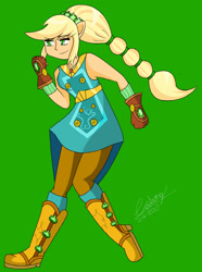 Size: 1280x1723 | Tagged: safe, artist:denisseguadiana, imported from derpibooru, applejack, human, equestria girls, legend of everfree, boots, cowboy boots, crystal guardian, green background, shoes, simple background, solo