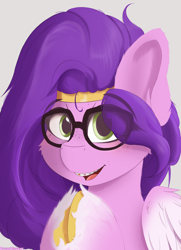 Size: 2480x3420 | Tagged: safe, alternate version, artist:drawalaverr, imported from derpibooru, pipp petals, pegasus, pony, braces, bust, crown, eye clipping through hair, fanart, female, filly, foal, freckles, g5, glasses, jewelry, looking at you, mare, offscreen character, portrait, quadrupedal, regalia, simple background, smiling, solo