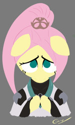 Size: 490x812 | Tagged: safe, artist:realgero, imported from derpibooru, fluttershy, anthro, pegasus, alternate hairstyle, bust, clothes, crossover, female, floppy ears, from under brows, gray background, hooves together, looking at you, looking up, looking up at you, no pupils, part of a full image, shy, simple background, solo, valorant, video game reference