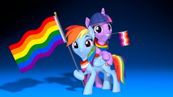 Size: 3840x2160 | Tagged: safe, artist:owlpirate, imported from derpibooru, rainbow dash, twilight sparkle, alicorn, pegasus, pony, 3d, 4k, bandana, bipedal, bipedal leaning, female, gay pride flag, high res, leaning, lesbian, lesbian pride flag, looking at you, mare, mouth hold, pride, pride flag, pride month, shipping, smiling, smiling at you, source filmmaker, twidash, twilight sparkle (alicorn)