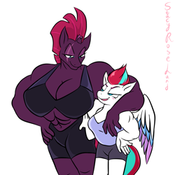 Size: 2000x2000 | Tagged: safe, artist:stacyroseland, imported from derpibooru, tempest shadow, zipp storm, anthro, pegasus, unicorn, abs, blushing, breasts, broken horn, busty tempest shadow, clothes, duo, eye scar, female, g5, height difference, horn, implied lesbian, lidded eyes, looking at each other, looking at someone, muscles, muscular female, my little pony: a new generation, ripped zipp, scar, shorts, signature, simple background, smiling, sports bra, sports shorts, tanktop, temple shadow, white background