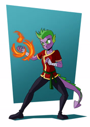 Size: 2481x3508 | Tagged: safe, artist:new-ereon, imported from derpibooru, spike, anthro, dragon, commission, fighting stance, fire, hand wraps, male, martial artist, martial arts, simple background, solo, superhero