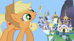 Size: 1920x1080 | Tagged: safe, edit, edited screencap, imported from derpibooru, screencap, applejack, pony, canterlot, female, giant pony, giantess, impending howdy, macro