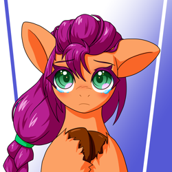 Size: 2000x2000 | Tagged: safe, artist:ragurimo, imported from derpibooru, sunny starscout, earth pony, pony, g5, hooves together, looking at you, solo, teary eyes