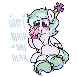 Size: 1000x1000 | Tagged: safe, artist:paperbagpony, imported from derpibooru, oc, oc:river chime, bells, blushing, food, happy birthday, hat, muffin, party hat, simple background, white background