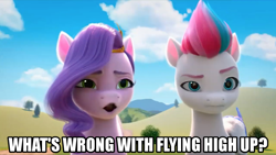 Size: 1280x720 | Tagged: safe, edit, edited screencap, editor:mlplover94, imported from derpibooru, screencap, pipp petals, zipp storm, pegasus, pony, spoiler:my little pony: make your mark, caption, female, g5, image macro, mare, meme, my little pony: make your mark, my little pony: make your mark chapter 1, open mouth, royal sisters (g5), siblings, sisters, text