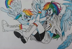 Size: 3658x2510 | Tagged: safe, artist:zzugguri, imported from derpibooru, rainbow dash, human, pegasus, pony, equestria girls, boots, clothes, duo, human ponidox, open mouth, open smile, self paradox, self ponidox, shoes, smiling, traditional art, winged humanization, wings