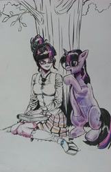 Size: 2367x3646 | Tagged: safe, artist:zzugguri, imported from derpibooru, sci-twi, twilight sparkle, human, pony, unicorn, equestria girls, book, duality, equestria girls ponified, glasses, human ponidox, looking at each other, looking at someone, open mouth, open smile, self paradox, self ponidox, smiling, traditional art, tree, unicorn sci-twi