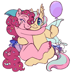 Size: 1280x1305 | Tagged: safe, artist:universal-heart, imported from derpibooru, fluttershy, pinkie pie, earth pony, flutter pony, pegasus, pony, balloon, crying, female, flutterpie, hug, lesbian, mare, missing cutie mark, one eye closed, present, race swap, shipping, simple background, tears of joy, transparent background