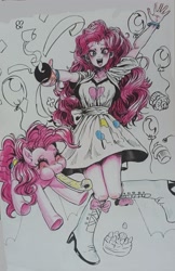 Size: 2370x3656 | Tagged: safe, artist:zzugguri, imported from derpibooru, pinkie pie, earth pony, human, pony, equestria girls, balloon, boots, cake, clothes, duality, eyes closed, food, high heel boots, human ponidox, open mouth, open smile, party horn, ponk, self paradox, self ponidox, shoes, smiling, traditional art