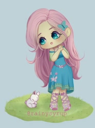 Size: 1584x2136 | Tagged: safe, artist:rainysyrup, imported from derpibooru, fluttershy, human, rabbit, equestria girls, animal, blue background, chibi, clothes, cute, dress, fluttershy boho dress, hands together, shyabetes, signature, simple background, solo