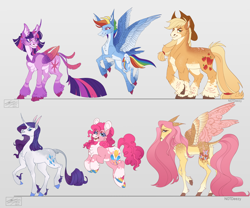 Size: 5000x4167 | Tagged: safe, artist:sakishithewolf, imported from derpibooru, applejack, fluttershy, pinkie pie, rainbow dash, rarity, twilight sparkle, alicorn, classical unicorn, earth pony, pegasus, pony, unicorn, alternate design, cloven hooves, coat markings, feathered fetlocks, female, gray background, hooves, hybrid wings, leonine tail, long feather, mane six, mare, multicolored hooves, simple background, twilight sparkle (alicorn), unshorn fetlocks, wings