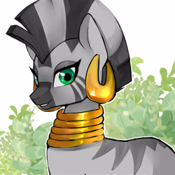 Size: 2100x2100 | Tagged: safe, artist:hosikawa, imported from derpibooru, zecora, zebra, ear piercing, earring, female, jewelry, mare, neck rings, piercing, plant, simple background, solo, white background