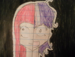 Size: 4000x3000 | Tagged: safe, artist:thepanther17fan, imported from derpibooru, pinkie pie, twilight sparkle, human, bust, female, humanized, insanity, lined paper, messy hair, pinkamena diane pie, smiling, traditional art, twilight snapple