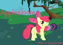 Size: 504x360 | Tagged: safe, artist:thepanther17fan, edit, edited screencap, imported from derpibooru, screencap, apple bloom, twilight sparkle, earth pony, pony, unicorn, friendship is magic, season 1, bow, female, filly, foal, hair bow, lying down, mare, one eye closed, prone, smiling, text, tree, unicorn twilight, wink