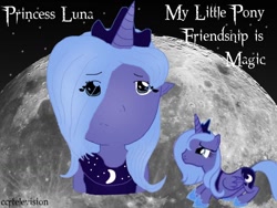 Size: 1024x768 | Tagged: safe, artist:thepanther17fan, imported from derpibooru, princess luna, alicorn, human, pony, clothes, crown, female, horn, horned humanization, humanized, jewelry, lying down, mare, moon, night, prone, regalia, shoes, stars, text, wings