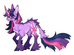 Size: 640x479 | Tagged: safe, artist:xenon, imported from derpibooru, twilight sparkle, pony, unicorn, cloven hooves, curved horn, female, glasses, horn, leonine tail, raised hoof, redesign, simple background, smiling, solo, tail, transparent background, unshorn fetlocks