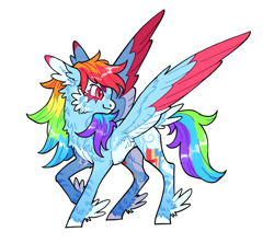 Size: 640x569 | Tagged: safe, artist:xenon, imported from derpibooru, rainbow dash, pegasus, pony, colored wings, feathered fetlocks, female, looking back, multicolored wings, raised hoof, redesign, simple background, smiling, solo, spread wings, transparent background, wings