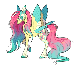 Size: 640x554 | Tagged: safe, artist:xenon, imported from derpibooru, fluttershy, pegasus, pony, colored wings, female, multicolored wings, raised hoof, redesign, simple background, solo, spread wings, transparent background, unshorn fetlocks, wings