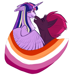 Size: 1000x1000 | Tagged: safe, artist:purplegrim40, imported from derpibooru, tempest shadow, twilight sparkle, alicorn, pony, broken horn, duo, eyes closed, female, happy, horn, lesbian, lesbian pride flag, nuzzling, pride, pride flag, shipping, simple background, smiling, tempestlight, twilight sparkle (alicorn), white background