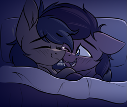 Size: 663x563 | Tagged: safe, artist:notetaker, imported from derpibooru, oc, oc only, oc:chance, oc:notetaker, earth pony, pony, bed, blanket, duo, gay, male, nuzzling, pillow, sleepy, snuggling, stallion