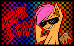 Size: 972x610 | Tagged: safe, artist:xxv4mp_g4z3rxx, imported from derpibooru, scootaloo, bat pony, pony, autism, bat ponified, boasting, checkered background, female, headcanon, implied lesbian, lgbt, lgbt headcanon, neurodivergent, neurodivergent headcanon, race swap, rainbow background, scootabat, sharp teeth, solo, sunglasses, teeth