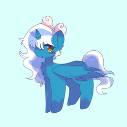 Size: 500x500 | Tagged: safe, artist:wollavast, imported from derpibooru, oc, oc:fleurbelle, alicorn, adorabelle, alicorn oc, blue background, bow, chibi, cute, female, hair bow, horn, mare, ocbetes, simple background, wings