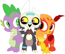 Size: 3429x2875 | Tagged: safe, artist:porygon2z, imported from derpibooru, spike, oc, oc:heatwave, dragon, griffon, bandaid, boo boo buddies, broken horn, collar, crossover, griffon oc, horn, hug, king clawthorne, male, pet tag, porygon2z's trio, show accurate, simple background, skull, the owl house, titan, transparent background, trio, trio male