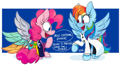 Size: 1280x690 | Tagged: source needed, safe, artist:wutanimations, imported from derpibooru, pinkie pie, rainbow dash, earth pony, pegasus, pony, fanfic:cupcakes, fanfic:rainbow factory, clothes, comic, compliment, costume, crossover, cutie mark dress, dialogue, dress, duo, fanfic art, female, looking at each other, looking at someone, mare, nightmare night, passepartout, rainbow factory dash, talking