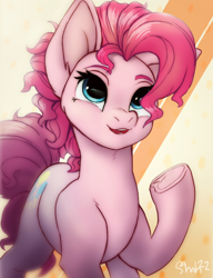 Size: 2000x2600 | Tagged: safe, artist:yaisoula, imported from derpibooru, pinkie pie, earth pony, pony, big ears, female, high res, mare, open mouth, raised hoof, solo, underhoof