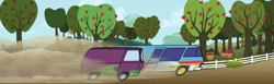 Size: 768x236 | Tagged: safe, artist:thatradhedgehog, imported from derpibooru, equestria girls, equestria girls series, road trippin, apple, apple tree, chevrolet g10, fence, gmc motorhome, the dazzlings tour bus, the rainbooms tour bus, tree, what if