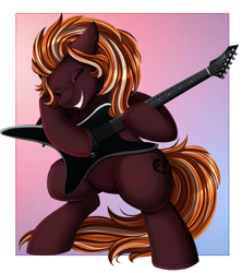 Size: 3080x3476 | Tagged: safe, artist:pridark, imported from derpibooru, oc, oc only, earth pony, pony, bipedal, commission, earth pony oc, electric guitar, eyes closed, female, guitar, mare, musical instrument, playing, smiling, solo