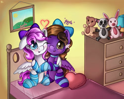 Size: 1280x1019 | Tagged: safe, artist:appleneedle, imported from derpibooru, oc, oc only, oc:hannah rainboom, oc:lovely honesty, pegasus, pony, bed, bow, clothes, female, filly, foal, friends, love, plushie, socks