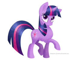 Size: 2250x1800 | Tagged: safe, artist:champion-of-namira, imported from derpibooru, twilight sparkle, pony, unicorn, female, full body, high res, hooves, horn, looking up, mare, raised hoof, raised leg, signature, simple background, solo, tail, transparent background, unicorn twilight