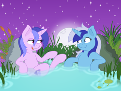 Size: 4872x3636 | Tagged: safe, artist:joey darkmeat, artist:thatusualguy06, imported from derpibooru, minuette, sea swirl, seafoam, pony, unicorn, .svg available, duo, duo female, female, high res, lesbian, looking at each other, looking at someone, mare, minufoam, moon, night, open mouth, plant, rock, shipping, stars, vector, wet, wet mane
