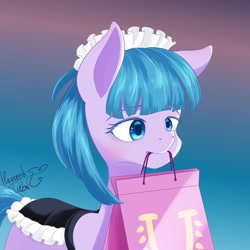 Size: 3000x3000 | Tagged: safe, artist:hauntedtuba, imported from derpibooru, tote bag (g4), earth pony, pony, clothes, maid, mouth hold, solo