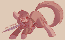 Size: 1631x1013 | Tagged: safe, artist:shepardinthesky, imported from derpibooru, pony, clothes, mouth hold, sketch, solo, sword, weapon