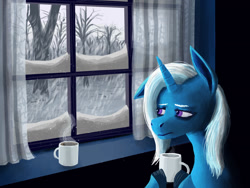 Size: 1600x1200 | Tagged: safe, artist:necromarecy, imported from derpibooru, trixie, pony, unicorn, cup, looking out the window, mug, one ear down, sad, snow, snowfall, solo, the sad and depresive trixie, tree, window, winter