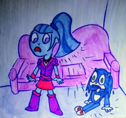 Size: 1280x1205 | Tagged: safe, artist:dex stewart, imported from derpibooru, sonata dusk, human, equestria girls, couch, disguise, disguised siren, sonic the hedgehog, sonic the hedgehog (series), traditional art