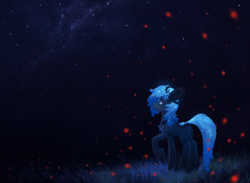 Size: 2464x1804 | Tagged: safe, artist:koviry, imported from derpibooru, oc, oc only, oc:noctis, earth pony, pony, commission, glowing mane, grass, night, raised hoof, solo, stars, ych result