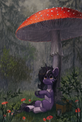 Size: 1500x2220 | Tagged: safe, artist:koviry, imported from derpibooru, oc, oc only, oc:rivibaes, pony, unicorn, amanita, box, coat markings, commission, cup, female, fly agaric, forest, giant mushroom, looking up, mare, markings, micro, mug, mushroom, mushroom umbrella, pale belly, rain, scenery, sitting, smiling, socks (coat markings), solo, thermos, toadstool, underhoof, ych result