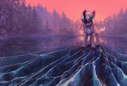 Size: 2664x1800 | Tagged: safe, artist:koviry, imported from derpibooru, oc, oc only, oc:windshear, kirin, big ears, commission, female, forest, frozen lake, frozen pond, lake, looking down, pond, scenery, scenery porn, solo, standing, twilight (astronomy), water, winter, ych result