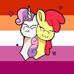Size: 5000x5000 | Tagged: safe, artist:shooting star, imported from derpibooru, apple bloom, sweetie belle, earth pony, unicorn, bust, commission, cuddling, cutie mark crusaders, eyes closed, female, heart, lesbian, lesbian couple, lesbian pride flag, love, mare, portrait, pride, pride flag, shipping, smiling, sweetiebloom, ych example, your character here