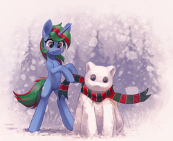 Size: 2454x2000 | Tagged: safe, artist:koviry, imported from derpibooru, oc, oc only, oc:wander bliss, pony, unicorn, bipedal, clothes, cute, ocbetes, scarf, smiling, snow, snowpony, solo, striped scarf, winter