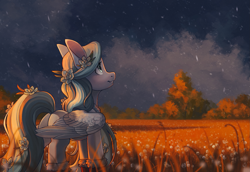 Size: 2437x1675 | Tagged: safe, artist:koviry, imported from derpibooru, oc, oc only, pegasus, pony, boots, butt, clothes, commission, female, field, flower, flower in hair, looking up, mare, plot, scenery, shoes, smiling, solo, ych result