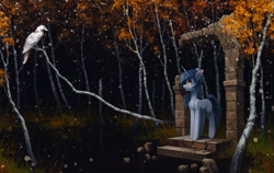 Size: 2843x1800 | Tagged: safe, artist:koviry, imported from derpibooru, oc, oc only, bird, pony, unicorn, commission, forest, open mouth, scenery, solo, ych result